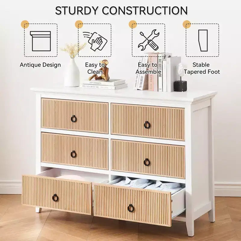 Comò a 6 cassetti per camera da letto, armadio organizer dal profilo antico - Comò in legno lungo con cassetti grandi