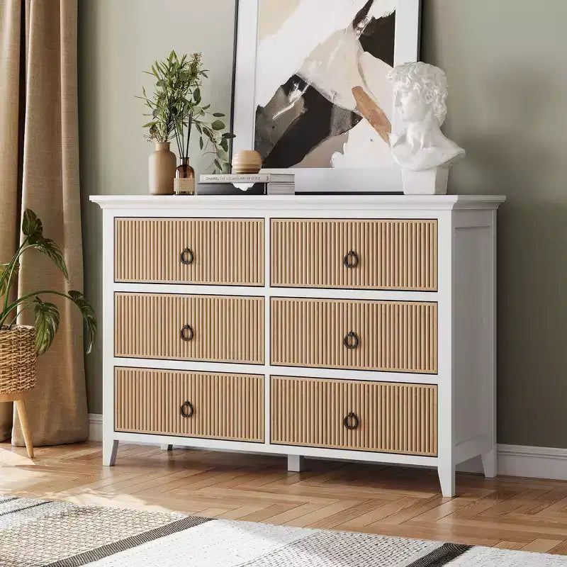 Comò a 6 cassetti per camera da letto, armadio organizer dal profilo antico - Comò in legno lungo con cassetti grandi