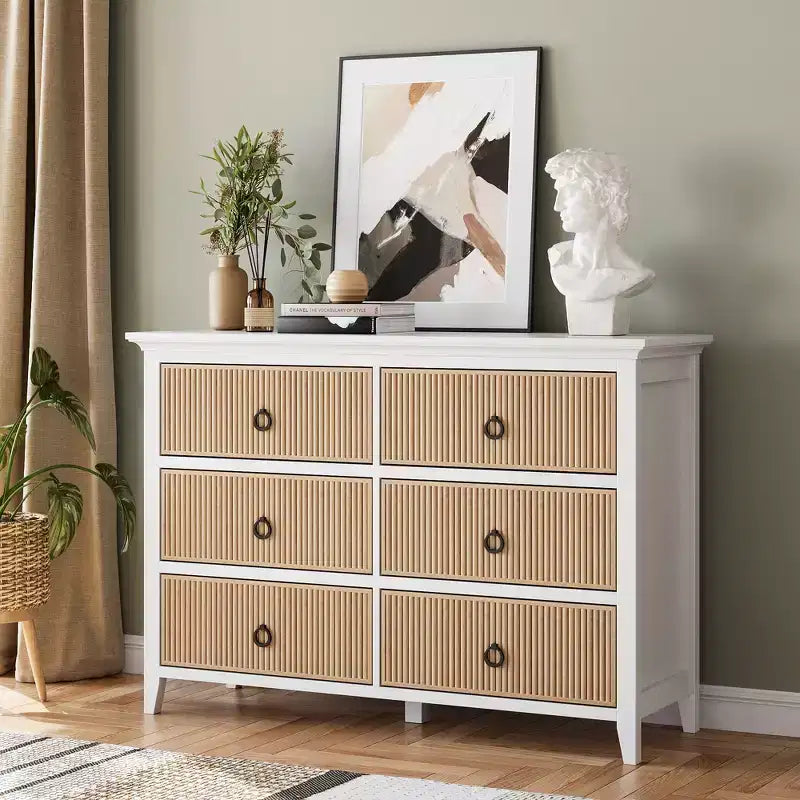 Comò a 6 cassetti per camera da letto, armadio organizer dal profilo antico - Comò in legno lungo con cassetti grandi