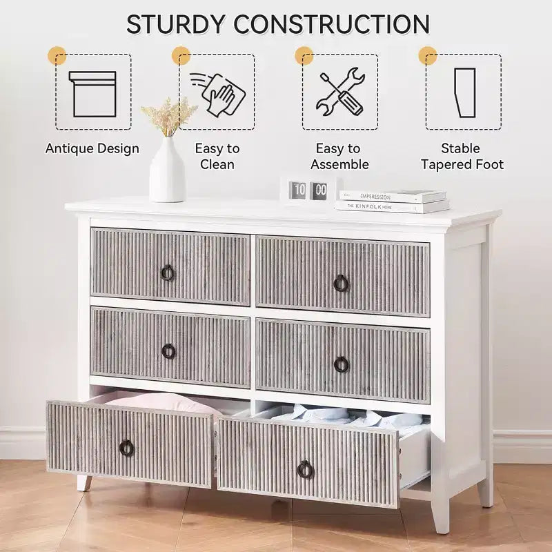 Comò a 6 cassetti per camera da letto, armadio organizer dal profilo antico - Comò in legno lungo con cassetti grandi