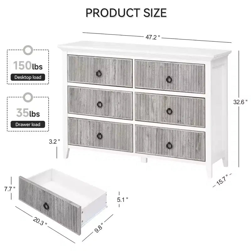Comò a 6 cassetti per camera da letto, armadio organizer dal profilo antico - Comò in legno lungo con cassetti grandi