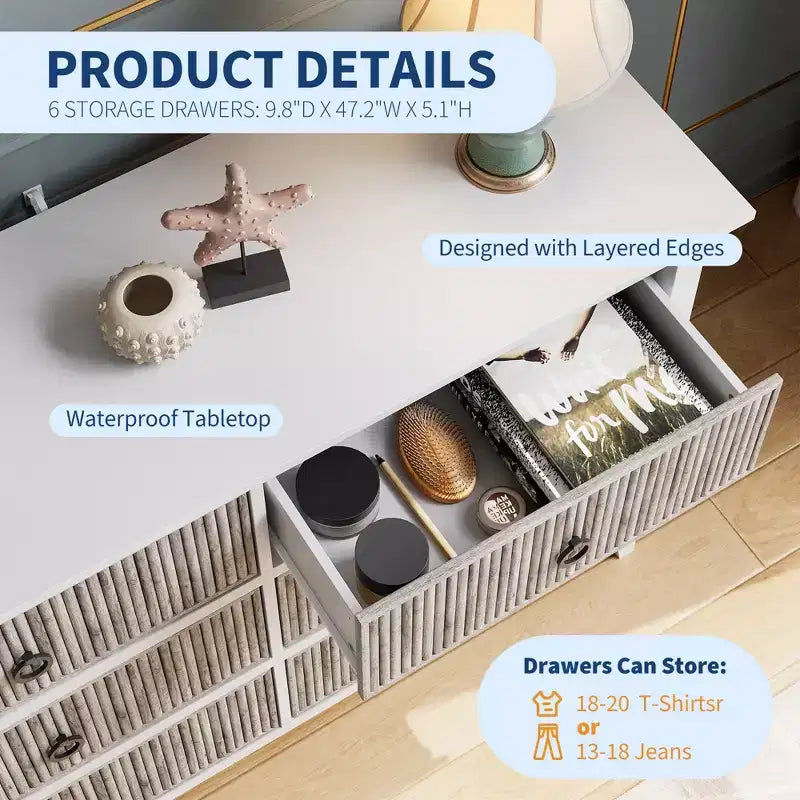 Comò a 6 cassetti per camera da letto, armadio organizer dal profilo antico - Comò in legno lungo con cassetti grandi