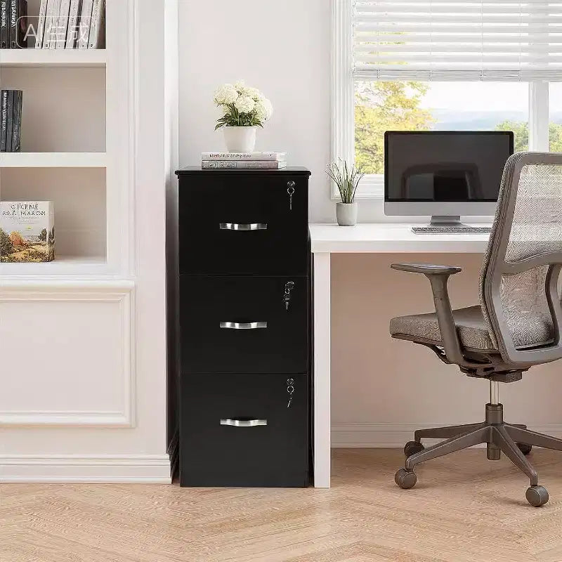 FurnitureR Schedario Verticale a 3 Cassetti con Serratura, per Documenti Formato Letter/Legal, Organizzatore di Archiviazione, Nero