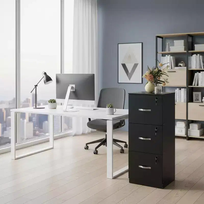 FurnitureR Schedario Verticale a 3 Cassetti con Serratura, per Documenti Formato Letter/Legal, Organizzatore di Archiviazione, Nero
