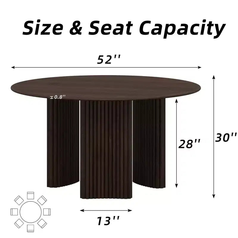 PexFix 52 Tavolo da pranzo rotondo moderno con gambe a colonna a strisce Tavolo da cucina in legno massello Piedini antigraffio per sala da pranzo e bar della cucina in noce