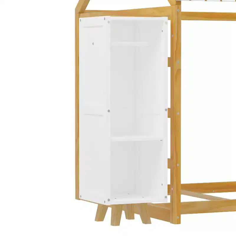 Lettino Montessori da pavimento singolo con sponde di sicurezza per bambini, struttura del letto a casetta in legno con tetto e mensole portaoggetti
