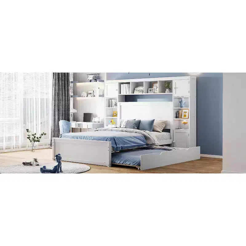 Letto Matrimoniale in Legno con Armadio, Scaffale, Prese e Letto Estraibile Gemello – Tutto in Uno, Bianco