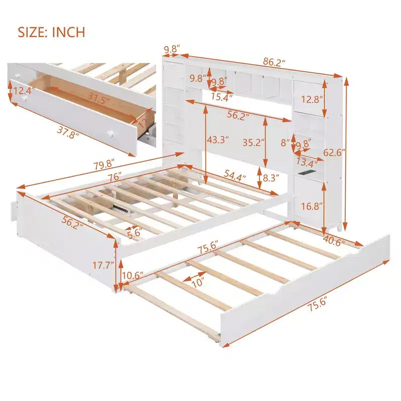 Letto Matrimoniale in Legno con Armadio, Scaffale, Prese e Letto Estraibile Gemello – Tutto in Uno, Bianco