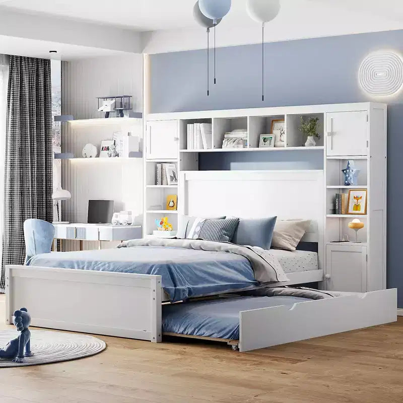 Letto Matrimoniale in Legno con Armadio, Scaffale, Prese e Letto Estraibile Gemello – Tutto in Uno, Bianco