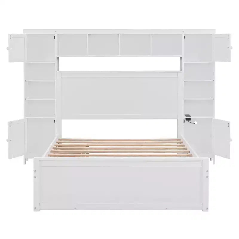 Letto Matrimoniale in Legno con Armadio, Scaffale, Prese e Letto Estraibile Gemello – Tutto in Uno, Bianco