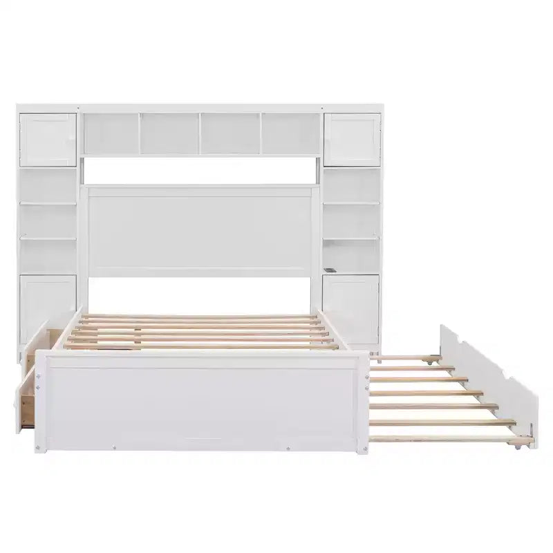Letto Matrimoniale in Legno con Armadio, Scaffale, Prese e Letto Estraibile Gemello – Tutto in Uno, Bianco