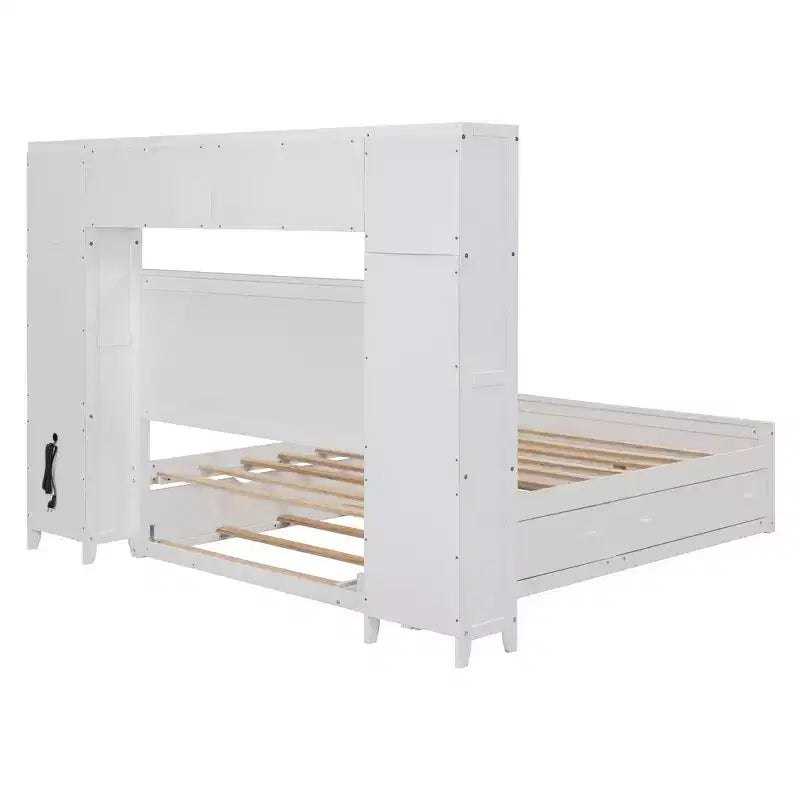 Letto Matrimoniale in Legno con Armadio, Scaffale, Prese e Letto Estraibile Gemello – Tutto in Uno, Bianco