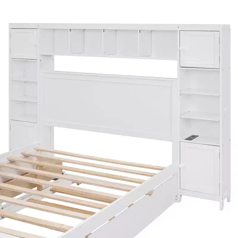 Letto Matrimoniale in Legno con Armadio, Scaffale, Prese e Letto Estraibile Gemello – Tutto in Uno, Bianco