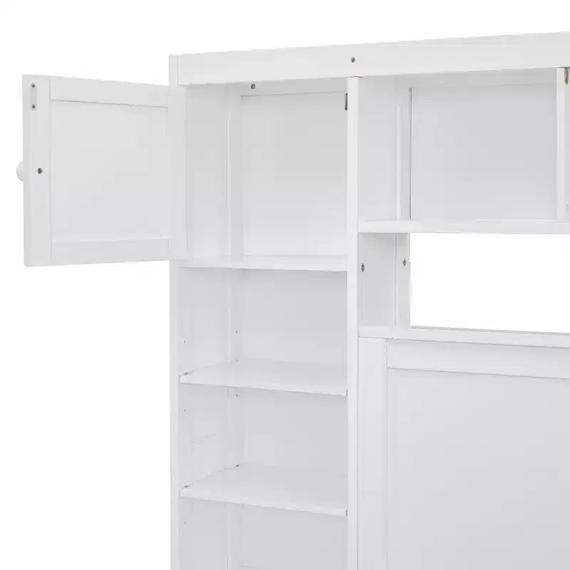 Letto Matrimoniale in Legno con Armadio, Scaffale, Prese e Letto Estraibile Gemello – Tutto in Uno, Bianco