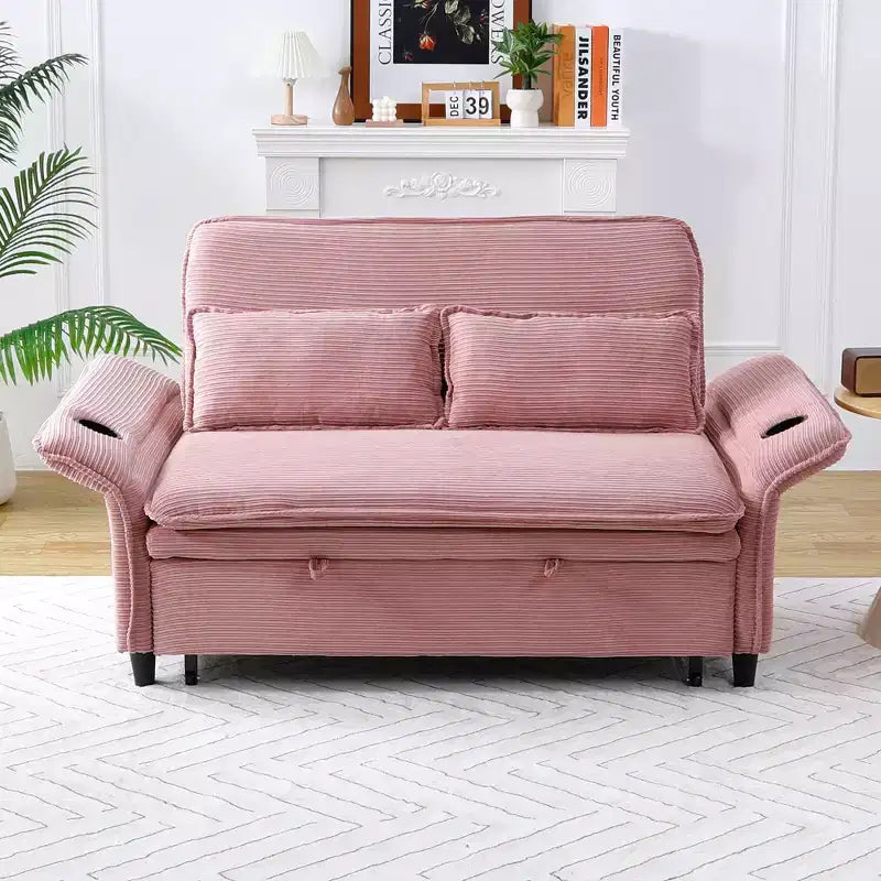 Divano Letto Due Posti in Tessuto a Righe Rosa – Multifunzionale per Camera da Letto e Soggiorno