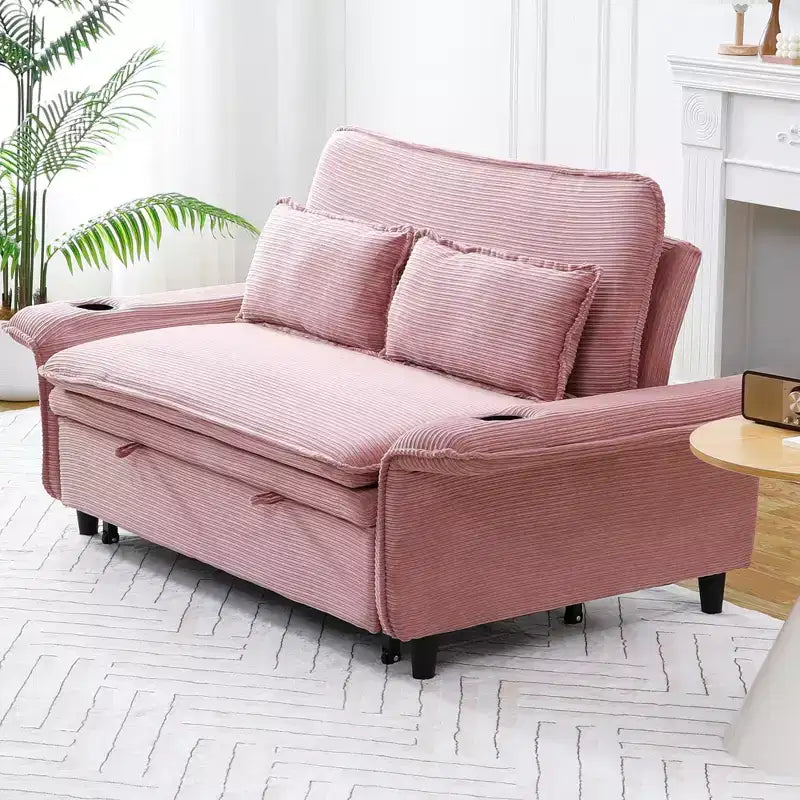 Divano Letto Due Posti in Tessuto a Righe Rosa – Multifunzionale per Camera da Letto e Soggiorno