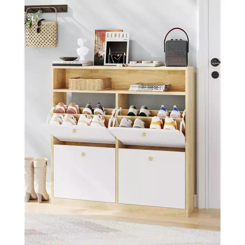 Shoe Storage Cabinet with 4 Flip Drawers, Freestanding Hidden Shoe Organizer with Open Shelf, Shoe Rack Cabinet for Hallway Living Room Apartment