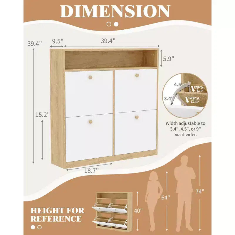 Scarpiera con 4 Ante a Ribalta, Organizzatore di Scarpe Nascosto Autoportante con Mensola Aperta, Mobile Scarpiera per Ingresso Soggiorno Appartamento