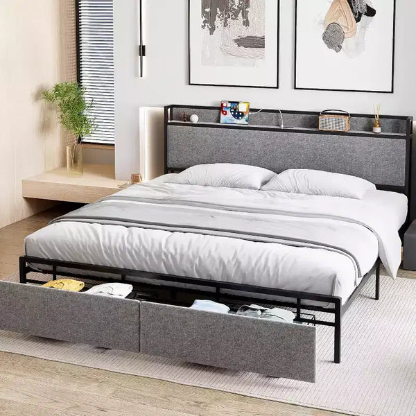 Letto King Size con Cassetti Contenitore e Stazione di Ricarica USB, Letto Imbottito con Piattaforma