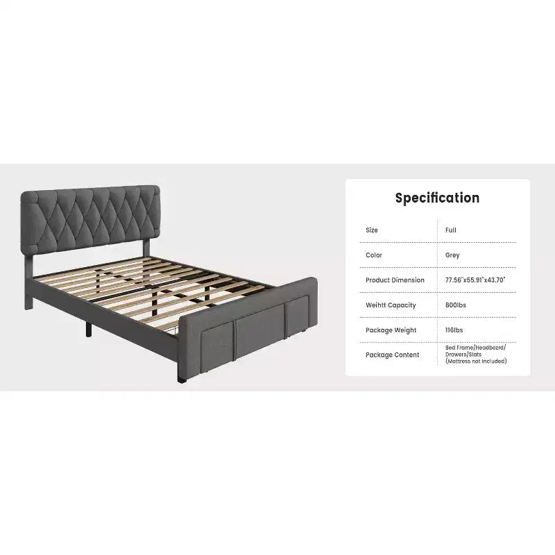 Struttura letto, struttura letto moderna imbottita con testiera trapuntata e cassetti portaoggetti - doghe in legno resistenti, non richiede rete, facile da montare