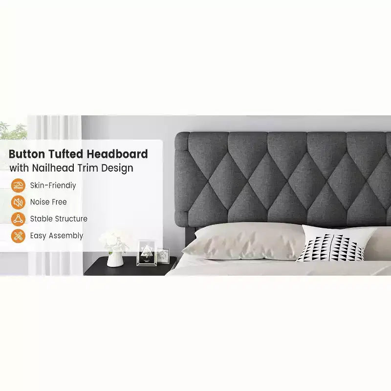 Struttura letto, struttura letto moderna imbottita con testiera trapuntata e cassetti portaoggetti - doghe in legno resistenti, non richiede rete, facile da montare