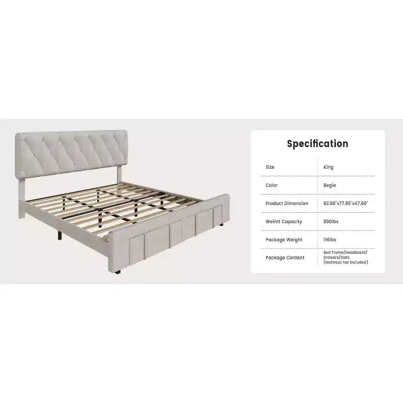 Struttura letto, struttura letto moderna imbottita con testiera trapuntata e cassetti portaoggetti - doghe in legno resistenti, non richiede rete, facile da montare