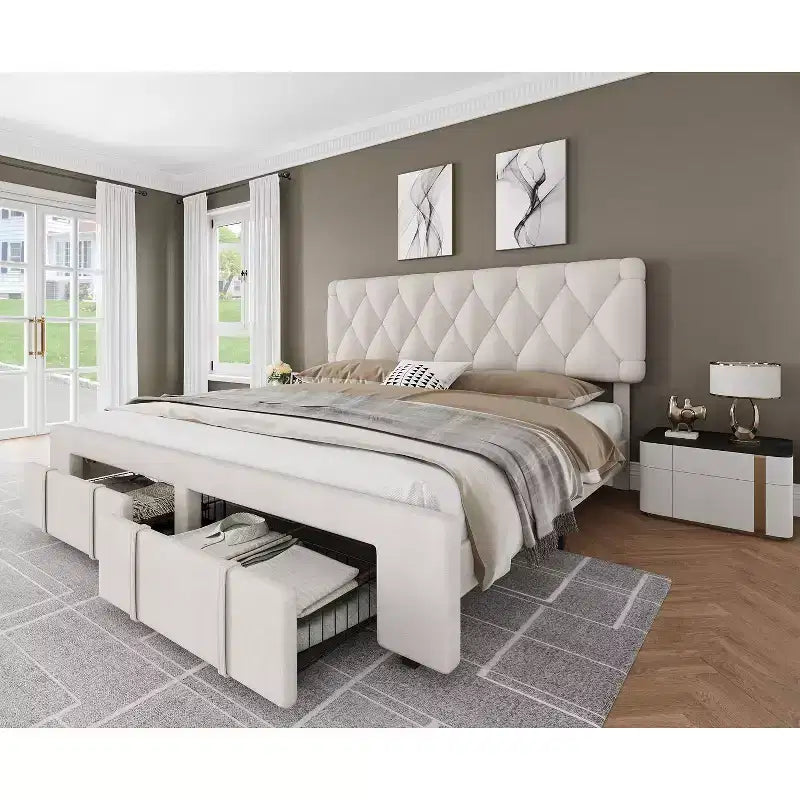 Struttura letto, struttura letto moderna imbottita con testiera trapuntata e cassetti portaoggetti - doghe in legno resistenti, non richiede rete, facile da montare