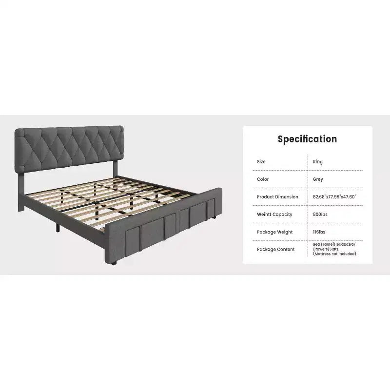 Struttura letto, struttura letto moderna imbottita con testiera trapuntata e cassetti portaoggetti - doghe in legno resistenti, non richiede rete, facile da montare