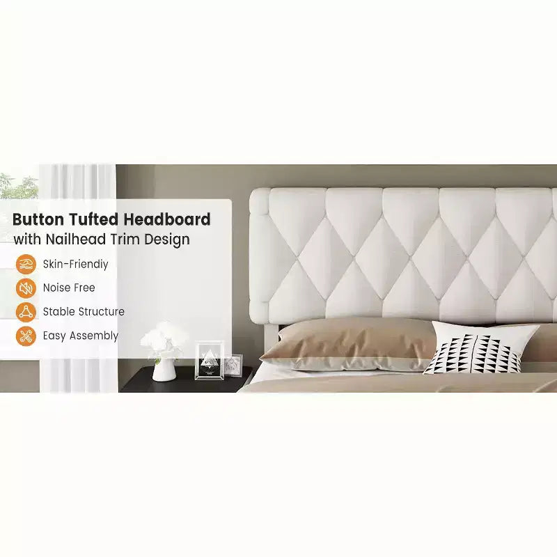 Struttura letto, struttura letto moderna imbottita con testiera trapuntata e cassetti portaoggetti - doghe in legno resistenti, non richiede rete, facile da montare