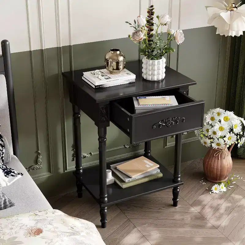 Famapy Chic White/Black Nightstand with Drawer & Lower Shelf,Side Table: Elegant Storage for Bedroom,Nightstand with Drawer