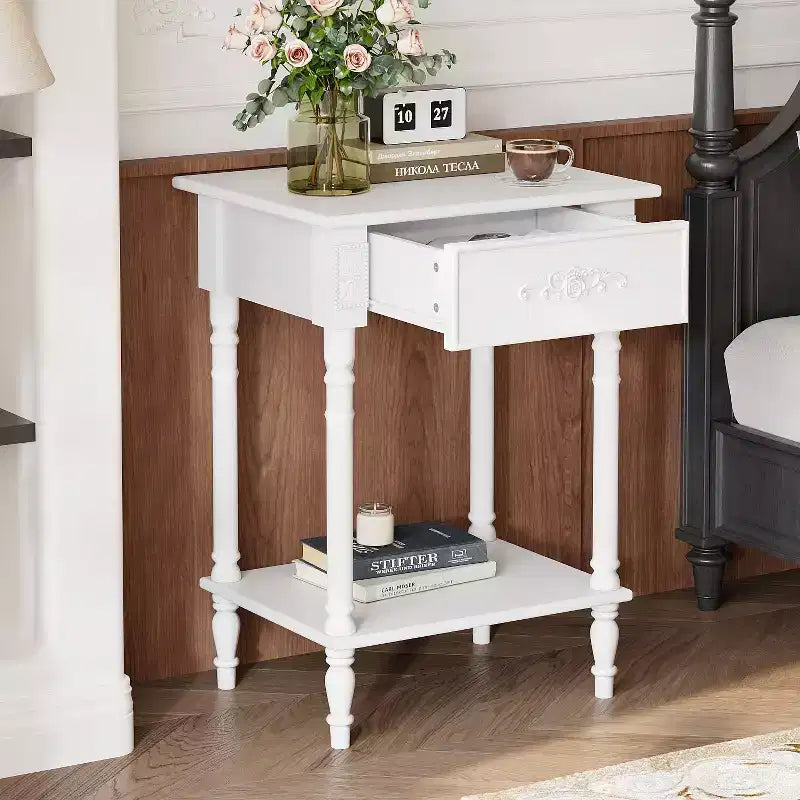 Comodino Elegante con Cassetto e Ripiano Inferiore – Tavolino da Notte Raffinato, Bianco o Nero