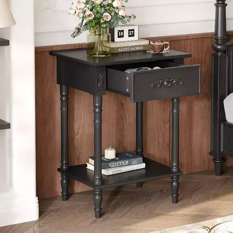 Comodino Elegante con Cassetto e Ripiano Inferiore – Tavolino da Notte Raffinato, Bianco o Nero