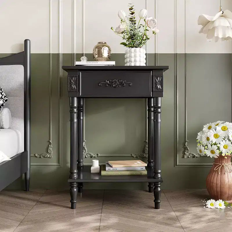 Comodino Elegante con Cassetto e Ripiano Inferiore – Tavolino da Notte Raffinato, Bianco o Nero