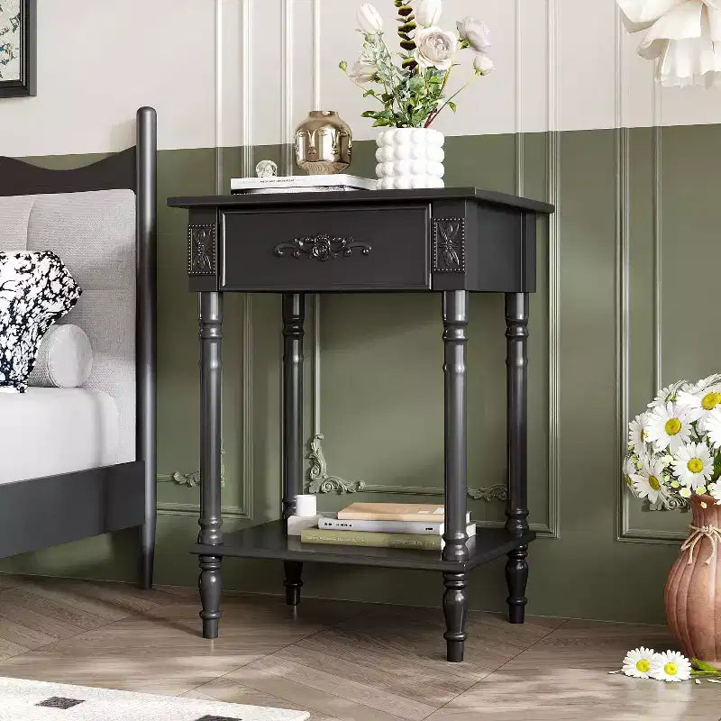 Comodino Elegante con Cassetto e Ripiano Inferiore – Tavolino da Notte Raffinato, Bianco o Nero