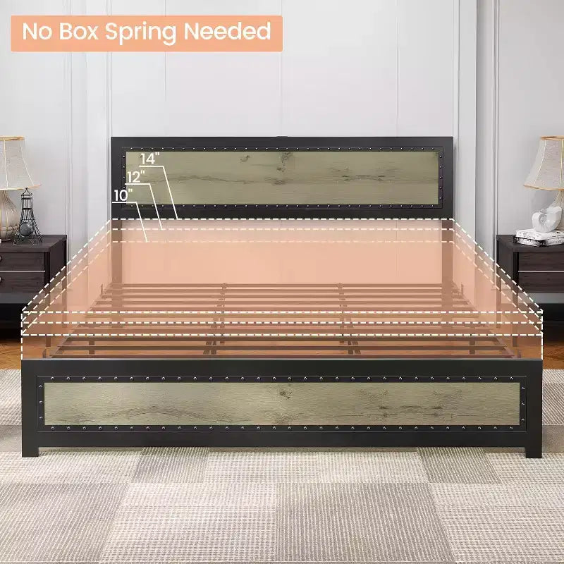Base letto con elegante testiera di design, vano contenitore sotto il letto, nessun box spring richiesto, facile montaggio, supporto robusto, grigio