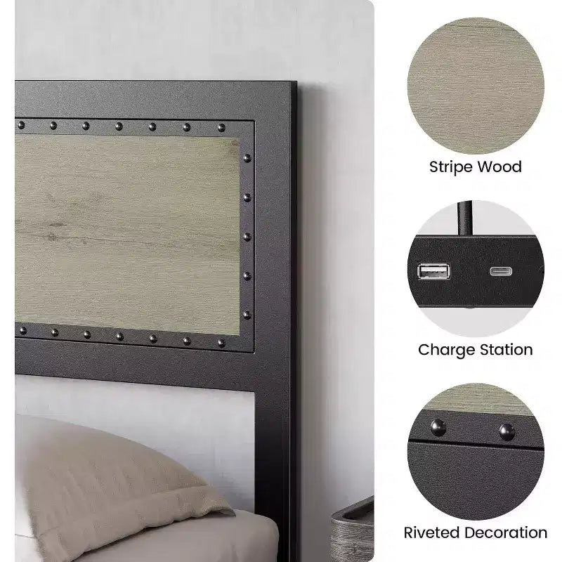 Base letto con elegante testiera di design, vano contenitore sotto il letto, nessun box spring richiesto, facile montaggio, supporto robusto, grigio