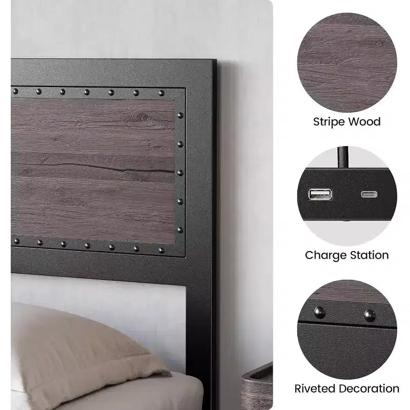 Base letto con elegante testiera di design, vano contenitore sotto il letto, nessun box spring richiesto, facile montaggio, supporto robusto, grigio