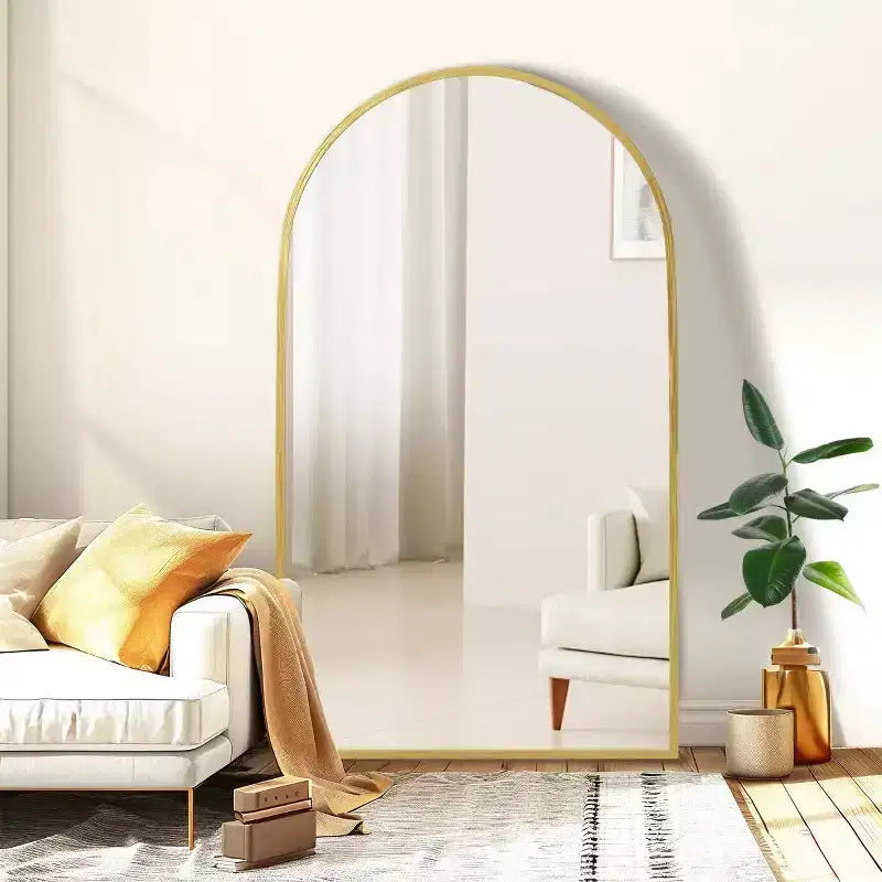 MAYEERTY 67 pollici Specchio a figura intera Specchio da pavimento in lega di alluminio con cornice ad arco con staffa Oro