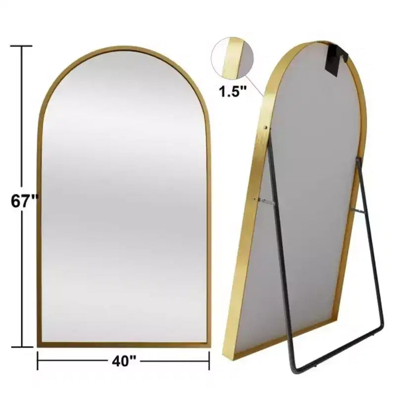 MAYEERTY 67 pollici Specchio a figura intera Specchio da pavimento in lega di alluminio con cornice ad arco con staffa Oro