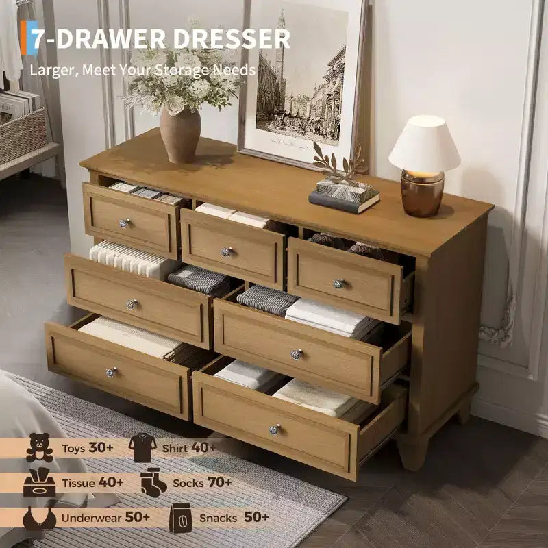GustoWave Comò a 3/6/7 Cassetti, Mobile Contenitore in Legno con Raffinate Maniglie in Metallo, Comò dal Design Moderno per Camera da Letto, Soggiorno, Ingresso