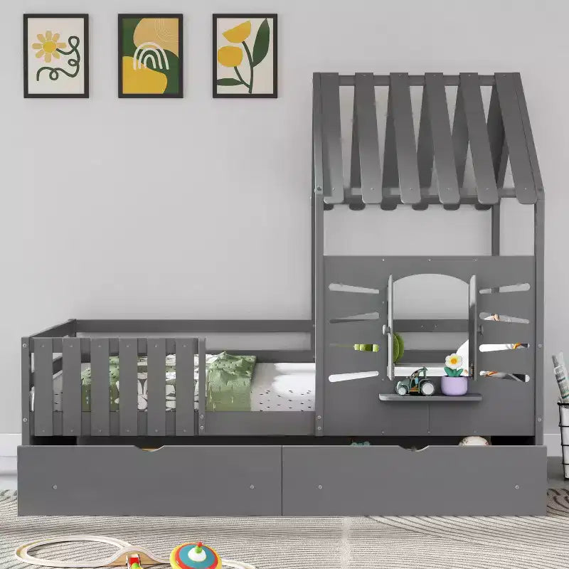 Letti a castello singoli con tetto e finestra, letto a casetta singolo per bambini con cassetti portaoggetti e spondine per bambine e bambini