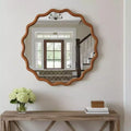 PexFix 30 Wavy Round Solid Wood Frame Decorative Mirror Modern Farmhouse Wall Mirror For Bedroom Bathroom Living Room Entryway Brown