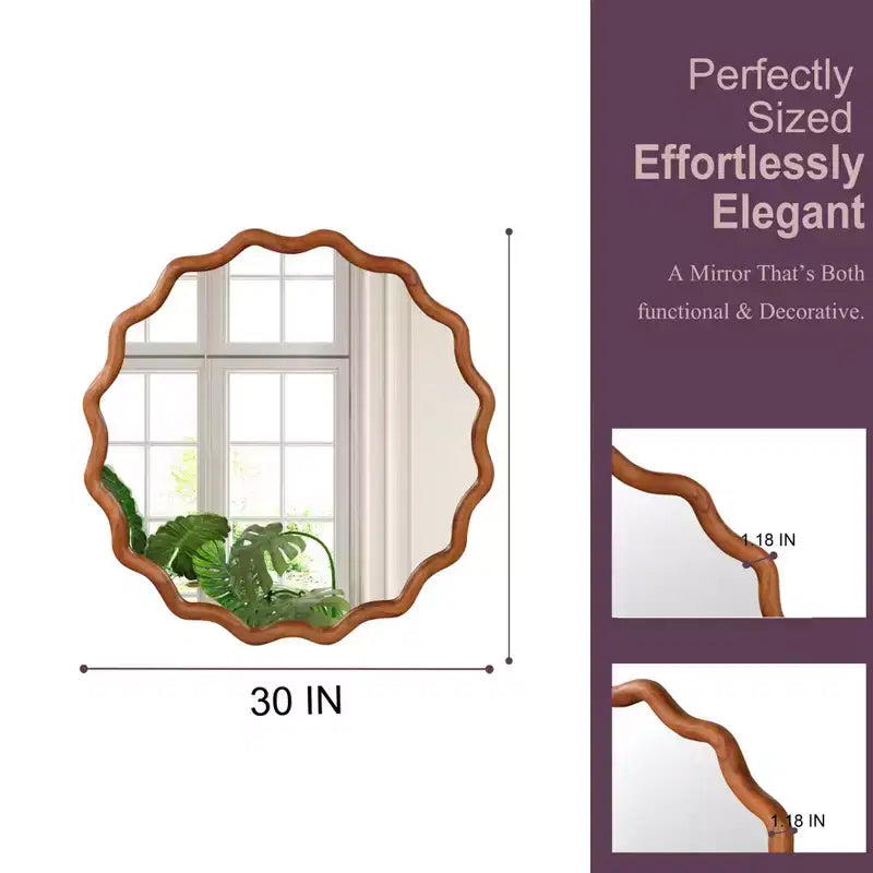 PexFix Specchio decorativo da parete moderno a forma rotonda ondulata in legno massiccio, 30 W, per camera da letto, bagno, soggiorno, ingresso, marrone