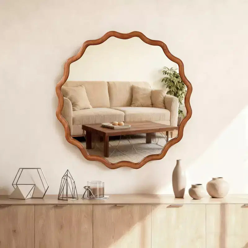 PexFix Specchio decorativo da parete moderno a forma rotonda ondulata in legno massiccio, 30 W, per camera da letto, bagno, soggiorno, ingresso, marrone