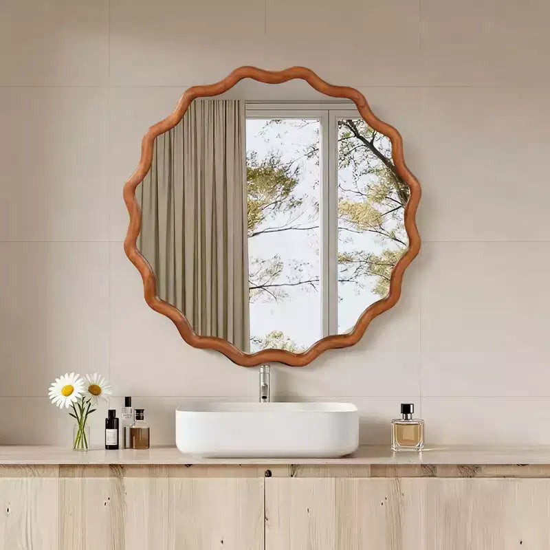 PexFix Specchio decorativo da parete moderno a forma rotonda ondulata in legno massiccio, 30 W, per camera da letto, bagno, soggiorno, ingresso, marrone