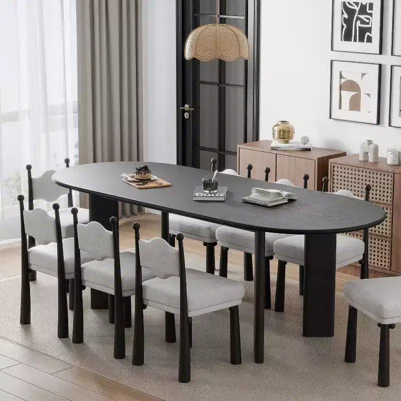 PexFix 79 Tavolo da pranzo ovale curvo per 6-8 persone, moderno, in legno massello, con piano ispessito e base robusta, per soggiorno e cucina, nero