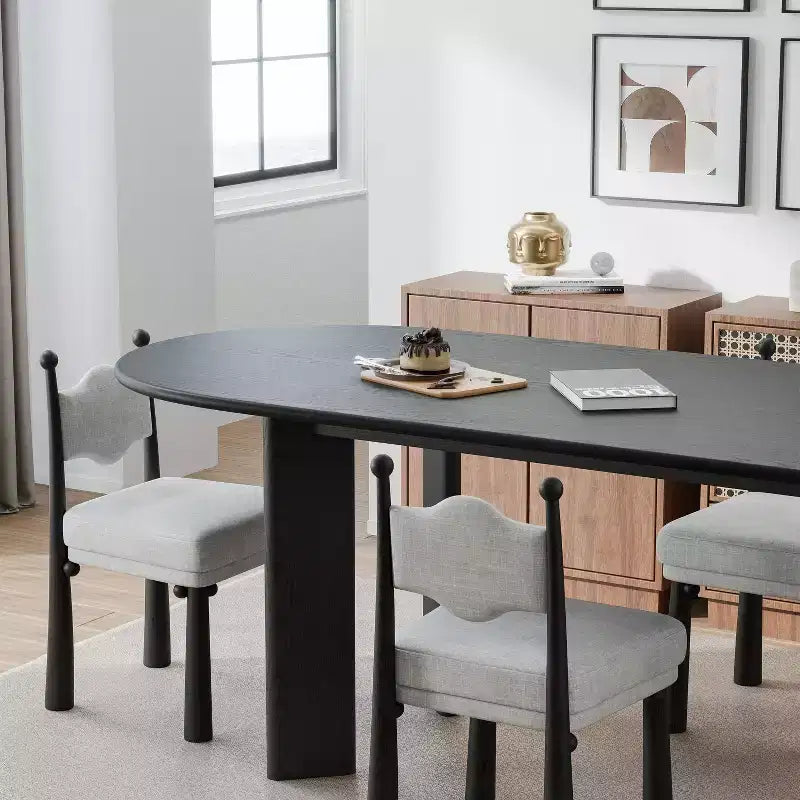 PexFix 79 Tavolo da pranzo ovale curvo per 6-8 persone, moderno, in legno massello, con piano ispessito e base robusta, per soggiorno e cucina, nero