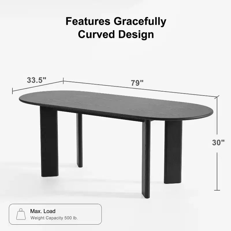 PexFix 79 Tavolo da pranzo ovale curvo per 6-8 persone, moderno, in legno massello, con piano ispessito e base robusta, per soggiorno e cucina, nero