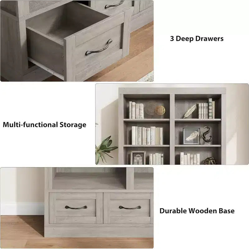 Libreria Acekool 64, Doppia Larghezza, 4 Ripiani con 3 Cassetti, Profonda, per Soggiorno, Ufficio, Camera da Letto, 120 cm L x 30 cm P