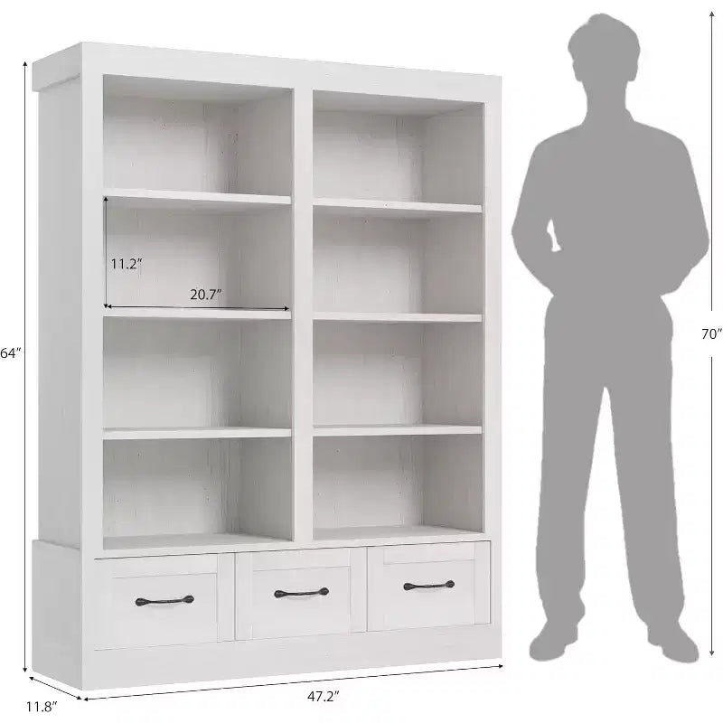 Libreria Acekool 64, Doppia Larghezza, 4 Ripiani con 3 Cassetti, Profonda, per Soggiorno, Ufficio, Camera da Letto, 120 cm L x 30 cm P